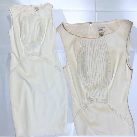 VTG Y2k CACHE Classic Ivory Beaded Bodycon Dress Corporate Chic Elegant White 2 - Picture 3 of 14